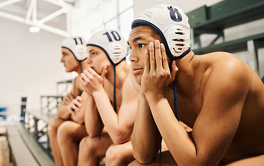 Image showing Sports, water polo and teamwork with men at swimming pool for fitness, training and games. Collaboration, goal and health with group of people on bench for championship, focus and performance