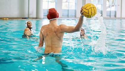 Image showing Water polo, ball and people in swimming pool training, exercise and fitness game or sports event. Professional swimmer, man and team for shooting competition, athlete challenge and workout in splash