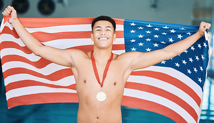 Image showing Portrait, winner and gold medal with a water polo man in celebration of success during a sports event in a gym. Fitness, victory and flag with a happy american athlete cheering in triumph on a podium