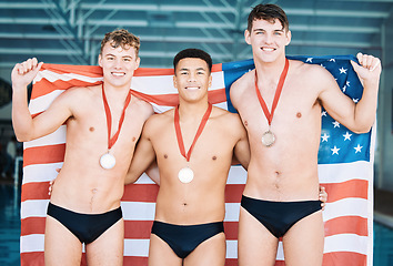 Image showing Winner, gold medal and the usa water polo team in celebration of success during a sports event. Fitness, victory and flag with happy male athletes with national pride together in triumph on a podium