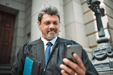 Image showing Senior lawyer man, phone and street with smile, thinking and communication on internet app in metro. Happy mature judge, smartphone and reading with ideas on web chat, social media or contact in city