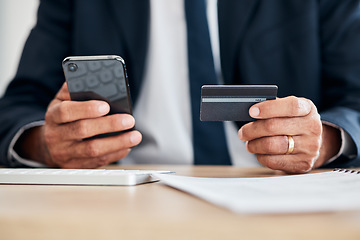 Image showing Hands, phone or businessman with credit card for an online shopping on financial digital fintech in office. Mobile app, ecommerce payment closeup or accountant typing banking data for investment