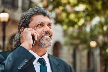 Image showing Phone call, thinking and vision with a business man in the city on his morning commute into work. Mobile, face and smile with a senior male CEO or manager talking while in an urban town for travel