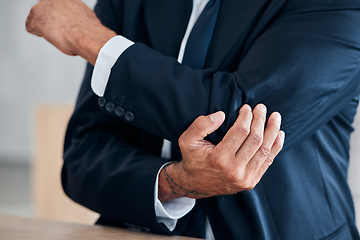 Image showing Elbow problem, hands and business person with anatomy injury, medical emergency crisis or muscle strain. Trauma accident, arthritis joint pain and office consultant, employee or worker with tension