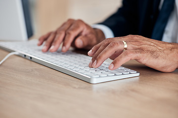 Image showing Hands, keyboard and a business man typing while working on a computer in his office for management. Email, desk and administration with a male employee at work to draft a proposal or feedback report