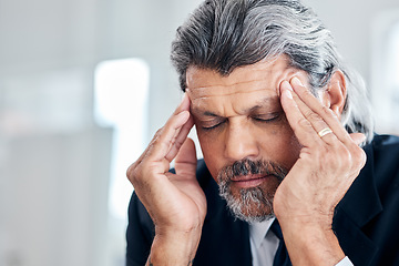 Image showing Headache, face and senior business man with depression, corporate mistake or mental health crisis. Office anxiety, migraine pain and professional elderly person stress, problem and overwhelmed