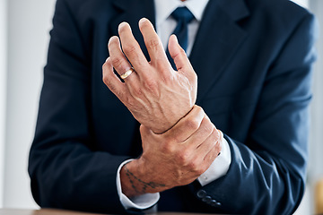 Image showing Wrist problem, hands and corporate person with anatomy injury, medical emergency crisis or hurt muscle strain. Trauma accident, carpal tunnel syndrome or closeup consultant, worker or agent with pain