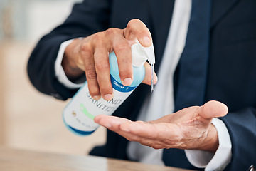 Image showing Hand sanitizer, business man and gel for hygiene, safety and bacteria at an office desk for wellness. Professional person with product for healthcare, cleaning and health or virus or germ protection