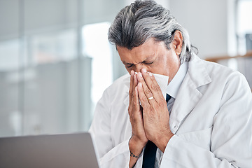 Image showing Man, blowing nose and senior doctor sick with allergy, covid or virus in hospital or clinic. Elderly medical professional, tissue and allergies for health problem, cold fever and bacteria in winter