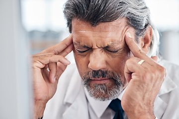 Image showing Headache, face and elderly business man depressed, frustrated and burnout from corporate mistake, stress or crisis. Human resources, migraine pain and senior HR person stress, problem or overwhelmed