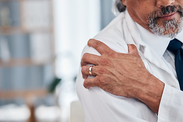 Image showing Shoulder pain, hands and business man with body injury, medical emergency crisis or fibromyalgia. Trauma accident, pressure or professional person, closeup businessman or agent with arthritis risk