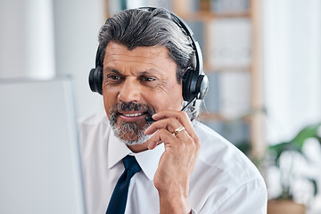 Image showing Call center, computer and man or consultant for communication, sales and e commerce support. Online agency, headphones and financial advisor, manager or person, virtual chat and contact us on desktop