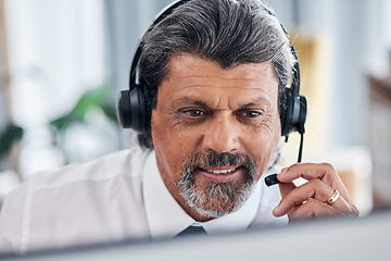 Image showing Call center, computer and business man or consultant speaking, sales or e commerce support. Online agency, financial advisor or manager person for virtual communication and contact us on desktop