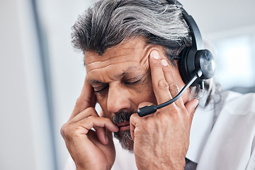 Image showing Headache, call center face and business man with depression, telemarketing mistake or burnout and crisis. Customer service, migraine pain and elderly person stress, telecom problem and overwhelmed