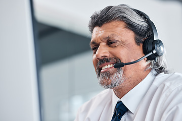 Image showing Call center, computer and happy man or consultant speaking, business sales or e commerce advice. Online agency, financial advisor or manager person for virtual communication and contact us on desktop