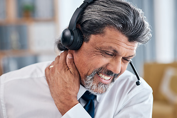 Image showing Neck pain problem, call center and business man with anatomy injury crisis, sore muscle or fibromyalgia strain, risk or hurt. Face, customer service or office person, consultant or agent with tension