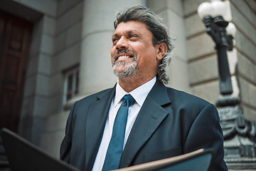 Image showing Happy man, thinking or lawyer reading book, research or education for learning the justice system. Mature, advocate or senior attorney studying knowledge or constitution information for legal agency