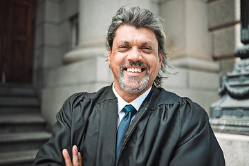 Image showing Portrait, smile and a senior man judge at court, outdoor in the city during recess from a legal case or trial. Happy, authority and power with a confident magistrate in an urban town to practice law