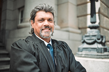 Image showing Portrait, authority and a senior man judge at court, outdoor in the city during recess from a legal case or trial. Smile, justice or power with a government employee in an urban town to practice law