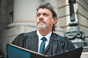 Image showing Man, thinking or senior lawyer reading book for research, education or learning the justice system. Judge, advocate or mature attorney studying knowledge or constitution information for a legal court