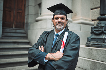 Image showing Mature lawyer man, graduation portrait and smile in street, city or court with pride, diploma and arms crossed. Senior attorney, happy and excited with certificate, award and education for law career