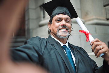 Image showing Mature man, graduation selfie and portrait with smile, law degree or diploma in street, pride or social media. Senior attorney, memory and photography for certificate, award or education in legal job