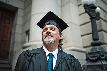 Image showing Senior man, graduate of law and thinking outdoor, academic achievement and education with future. Male lawyer, dream and inspiration with graduation and pride in success, university event and goals