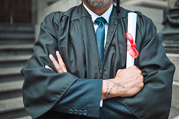 Image showing Diploma, graduate of law and man arms crossed and certified outdoor, academic achievement and education. Male lawyer, certificate and graduation, success and pride with university event and goals
