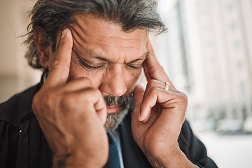 Image showing Headache, city face and business man with sad depression, corporate mistake or mental health anxiety. Urban street, migraine pain and elderly person with burnout, tired and stress over fail risk