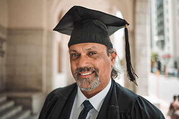 Image showing Senior lawyer, graduation and portrait of man in street, city or outdoor with smile. Elderly attorney, face or happy person, advocate or professional with success in education at university in Brazil