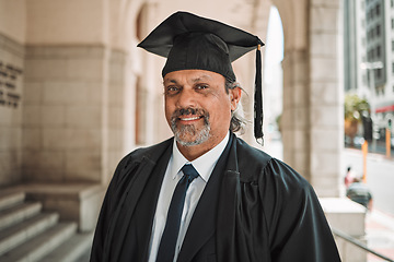 Image showing Senior man, graduate of law and smile in portrait outdoor, academic achievement and education in the city. Male lawyer on urban sidewalk, graduation and success with pride, university event and goals