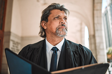 Image showing Thinking, book and a senior man judge at court, outdoor in the city during recess from a legal case or trial. Idea, authority and power with a confident magistrate in an urban town to practice law