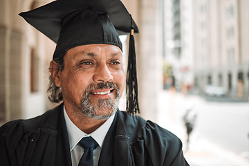 Image showing Senior man, graduate of law and smile outdoor, academic achievement and education in the city. Male lawyer on urban sidewalk, happy at graduation and success with pride, university event and goals