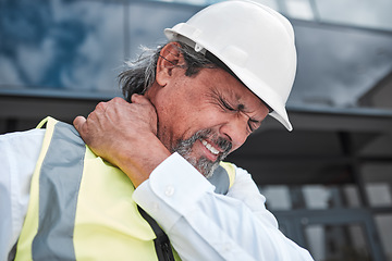 Image showing Engineering, man and neck pain for construction building, labor and project management at outdoor city site. Stress, injury and muscle health or fatigue of person or manager for architecture design