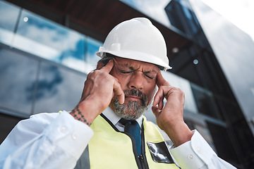 Image showing Headache problem, city architect and man depressed over development project, property mistake or anxiety. Urban face, architecture and senior person with migraine, civil engineering fail or stress