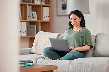 Image showing Happy woman, remote work and laptop on sofa in home for digital planning, online research or blog info. Female freelancer working on computer, technology and website media for telework in living room