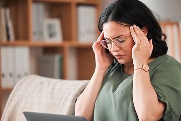 Image showing Stress, headache and woman in her living room working on a deadline project on a laptop for remote job. Burnout, migraine and young female creative freelancer doing research on computer in apartment.