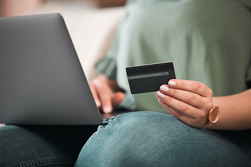 Image showing Hand, laptop and credit card for online shopping with a customer on the internet from home. Computer, ecommerce and payment with a person using a bank app for finance, accounting or budget planning