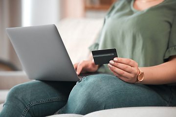 Image showing Hand, laptop and credit card for ecommerce with a customer on the internet from home. Computer, online shopping and payment with a person using a bank app for finance, accounting or budget planning