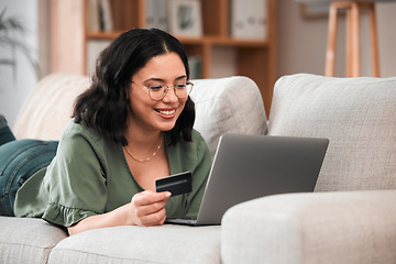 Image showing Credit card, laptop and woman for home online shopping, e learning and fintech payment on sofa. Relax, student loan and person on internet banking, study subscription or website transaction on couch
