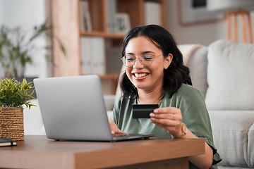 Image showing Credit card, computer and woman with home online shopping, e learning and fintech payment. Study, student loan and person on laptop for internet banking, college subscription and website transaction