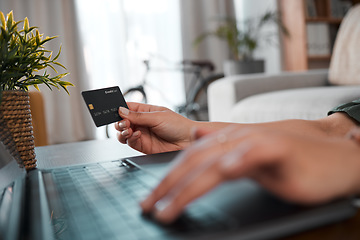 Image showing Hand, laptop and credit card for payment with a customer on the internet from home. Computer, ecommerce and online shopping with a person using a bank app for finance, accounting or budget planning