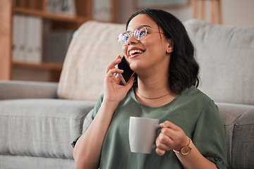 Image showing Woman, coffee and phone call in living room for communication, contact or conversation. Happy person, drinking tea or talking on smartphone for networking, chat connection or mobile tech at home