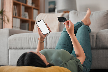 Image showing Credit card, phone screen and woman for home online shopping, e commerce or fintech payment on floor. Relax, loan and person on internet banking mockup, e learning subscription or mobile transaction