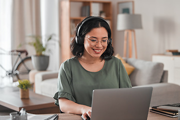 Image showing Happy, remote work and woman with a laptop for call center communication and consultation. Smile, virtual assistant and a customer service agent typing on a computer from a house for telemarketing