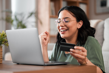 Image showing Credit card, laptop and woman or winner for home online shopping, e learning success or fintech payment. Yes, student loan and happy person for banking, study subscription and financial bonus or sale