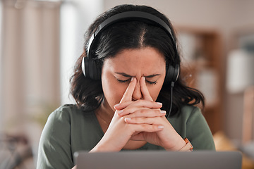 Image showing Call center, headache and woman stress, fatigue and communication mistake, error or crisis for work from home. Agent, sales consultant or person with depression, pain or tired for telemarketing fail