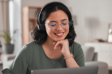 Image showing Call center, home and woman, e learning consultant or agent for college communication, online meeting or web support. Advice, education support and happy person with virtual conversation and helping