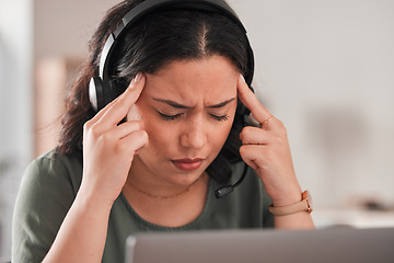 Image showing Call center, headache and woman pain, stress and communication mistake, error or crisis in work from home. Agent, sales consultant or person with depression, memory or brain fog in telemarketing fail