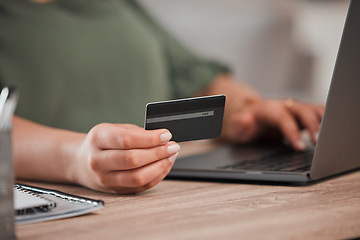 Image showing Hand, laptop and credit card for finance with a customer on the internet from home. Computer, ecommerce and payment with a person using a bank app for online shopping, accounting or budget planning